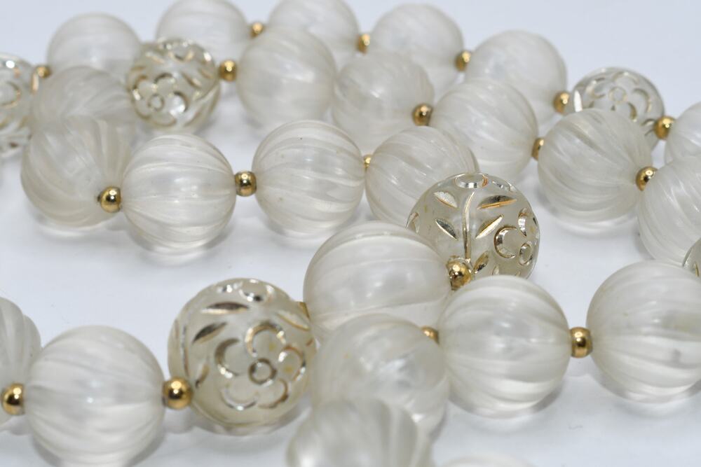 1950s Clear Lucite Bead Necklace Gold Trim 14mm Beads Mid Century 23”